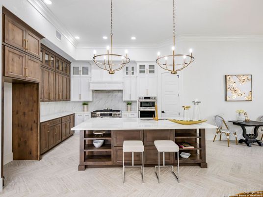Chandelier, Interior, Kitchen, Pendant Lights, Recessed Lighting, Stainless Steel Appliances, Wood Texture Flooring