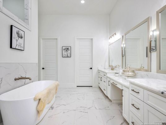 Bathroom, Dual Sink Vanities, Free Standing Baths, Interior, Marble, Marble Walls, Recessed Lighting