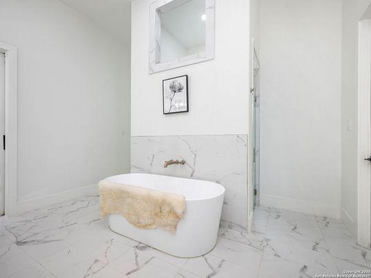 Bathroom, Free Standing Baths, Interior, Marble, Marble Walls, Recessed Lighting