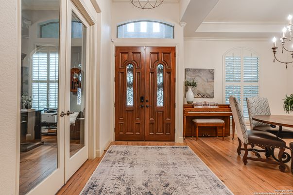 Chandelier, Dining room, Interior, Wood Texture Flooring