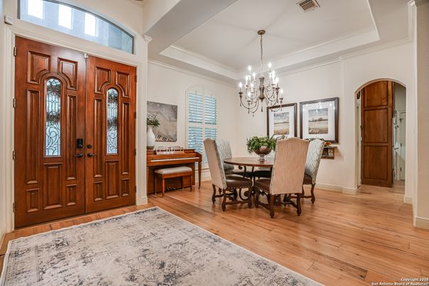 Chandelier, Dining room, Interior, Wood Texture Flooring