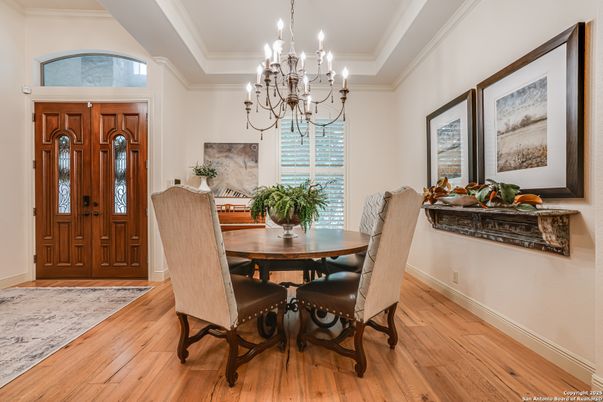 Chandelier, Dining room, Interior, Wood Texture Flooring