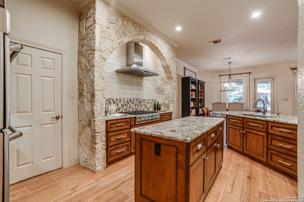 Interior, Kitchen, Pendant Lights, Recessed Lighting, Stone Walls, Wood Texture Flooring