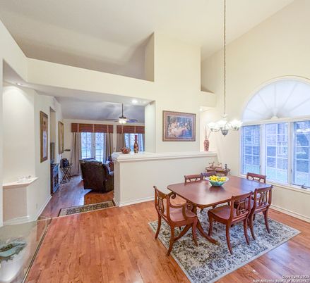 Dining room, Interior, Living room, Pendant Lights, Recessed Lighting, Wood Texture Flooring