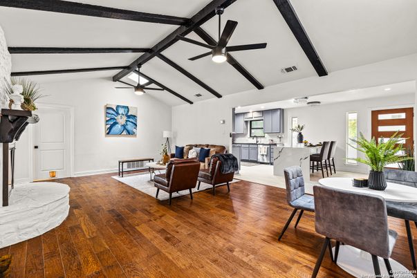 Dining room, Interior, Kitchen, Living room, Recessed Lighting, Wooden Beams, Wood Texture Flooring