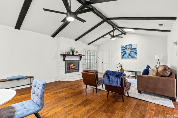 Fireplace, Interior, Living room, Stone Walls, Wooden Beams, Wood Texture Flooring