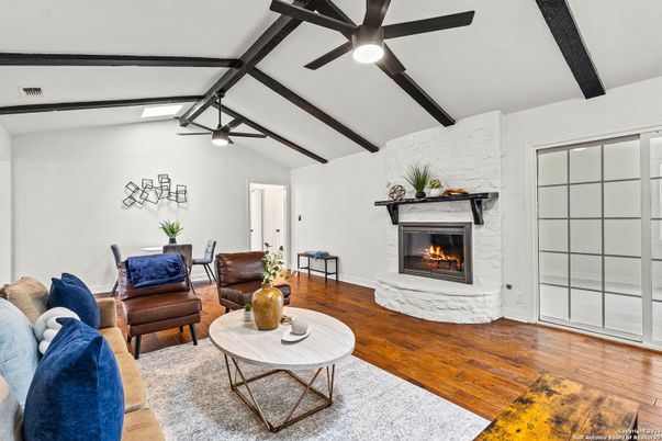 Dining room, Fireplace, Interior, Living room, Wooden Beams, Wood Texture Flooring