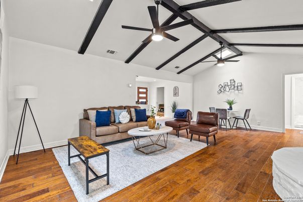 Dining room, Interior, Living room, Recessed Lighting, Wooden Beams, Wood Texture Flooring