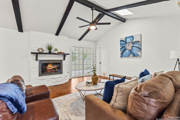 Fireplace, Interior, Living room, Stone Walls, Wooden Beams, Wood Texture Flooring
