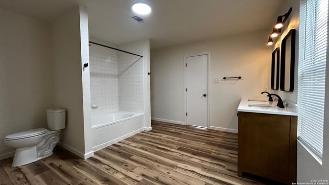 Bathroom, Glass Shower, Interior, Wood Texture Flooring