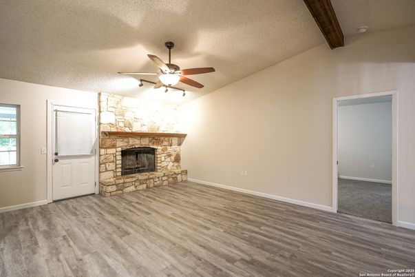 Empty room, Fireplace, Interior, Wooden Beams, Wood Texture Flooring