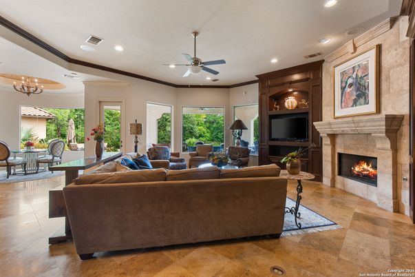 Chandelier, Dining room, Fireplace, Interior, Living room, Recessed Lighting