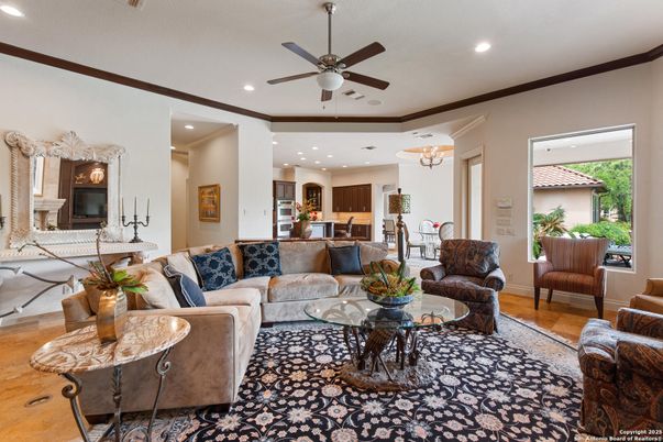 Chandelier, Dining room, Fireplace, Interior, Kitchen, Living room, Recessed Lighting, Wood Texture Flooring