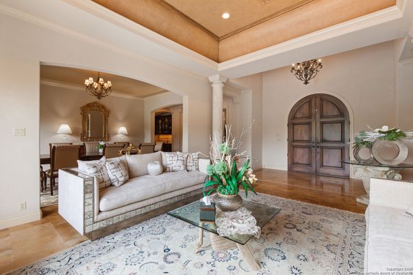 Chandelier, Interior, Living room, Recessed Lighting, Wood Texture Flooring