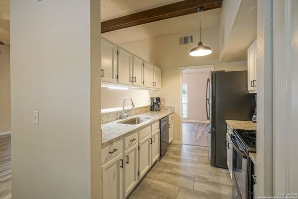 Interior, Kitchen, Pendant Lights, Wooden Beams, Wood Texture Flooring