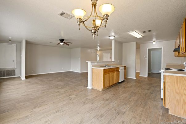 Chandelier, Empty room, Interior, Kitchen, Wood Texture Flooring