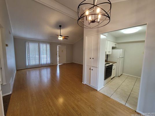 Chandelier, Empty room, Interior, Kitchen, Wood Texture Flooring