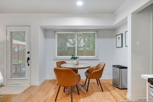 Dining room, Interior, Recessed Lighting, Wood Texture Flooring