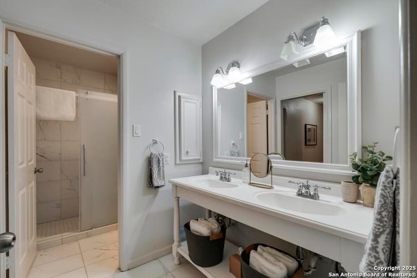 Bathroom, Dual Sink Vanities, Glass Shower, Interior, Marble Walls