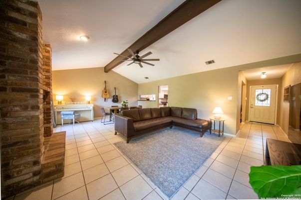 Dining room, Interior, Living room, Recessed Lighting, Wooden Beams