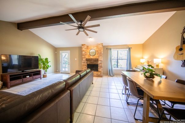 Dining room, Fireplace, Interior, Living room, Wooden Beams