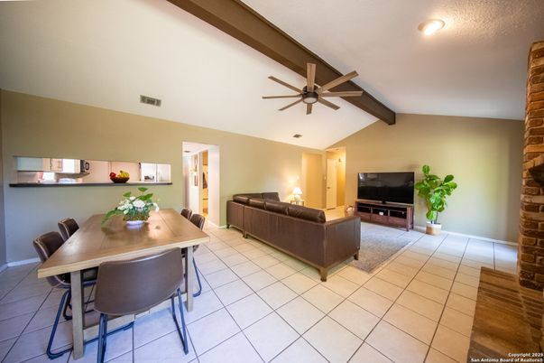 Dining room, Interior, Living room, Recessed Lighting, Wooden Beams