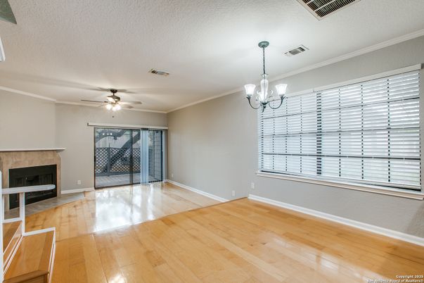 Chandelier, Empty room, Fireplace, Interior, Wood Texture Flooring