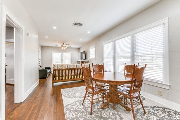 Dining room, Interior, Living room, Recessed Lighting, Wood Texture Flooring