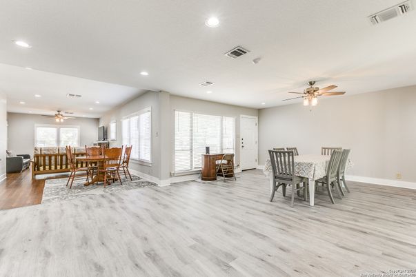 Dining room, Interior, Recessed Lighting, Wood Texture Flooring