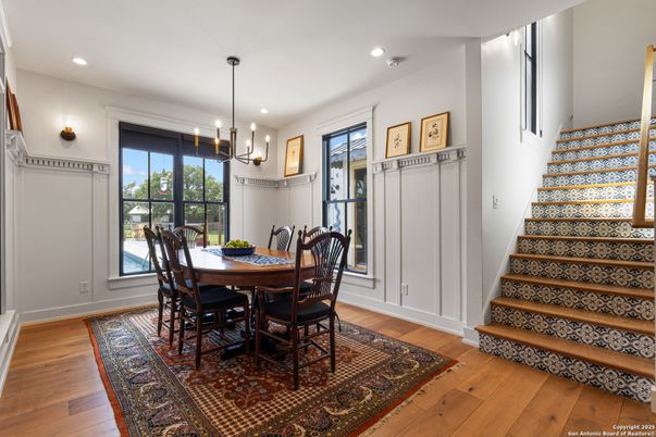 Dining room, Interior, Pendant Lights, Recessed Lighting, Wood Texture Flooring