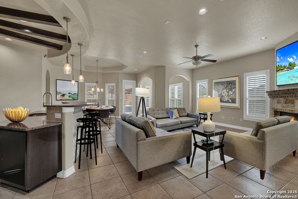 Dining room, Fireplace, Interior, Living room, Pendant Lights, Recessed Lighting