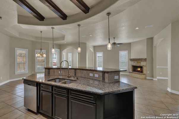Chandelier, Fireplace, Interior, Kitchen, Pendant Lights, Recessed Lighting