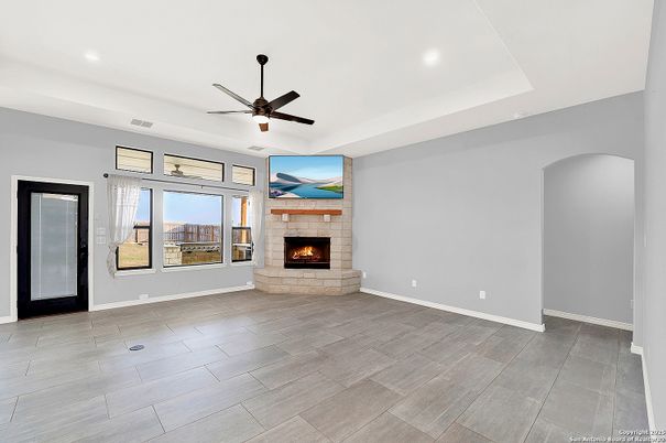 Empty room, Fireplace, Interior, Recessed Lighting, Wood Texture Flooring