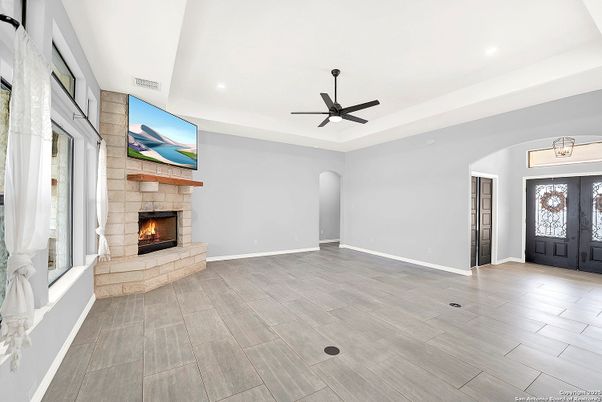 Empty room, Fireplace, Interior, Recessed Lighting, Wood Texture Flooring