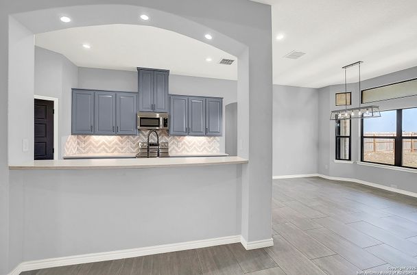 Interior, Kitchen, Pendant Lights, Recessed Lighting, Wood Texture Flooring