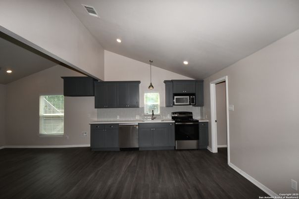 Interior, Kitchen, Pendant Lights, Recessed Lighting, Stainless Steel Appliances, Wood Texture Flooring