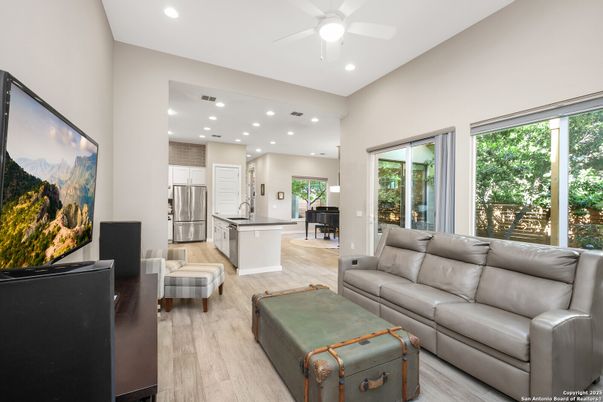 Interior, Kitchen, Living room, Recessed Lighting, Stainless Steel Appliances, Wood Texture Flooring