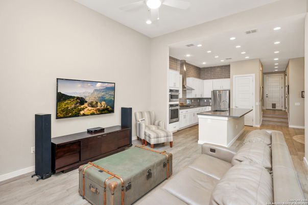 Interior, Kitchen, Living room, Recessed Lighting, Stainless Steel Appliances, Wood Texture Flooring