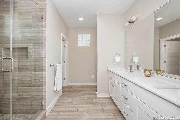 Bathroom, Dual Sink Vanities, Glass Shower, Interior, Recessed Lighting