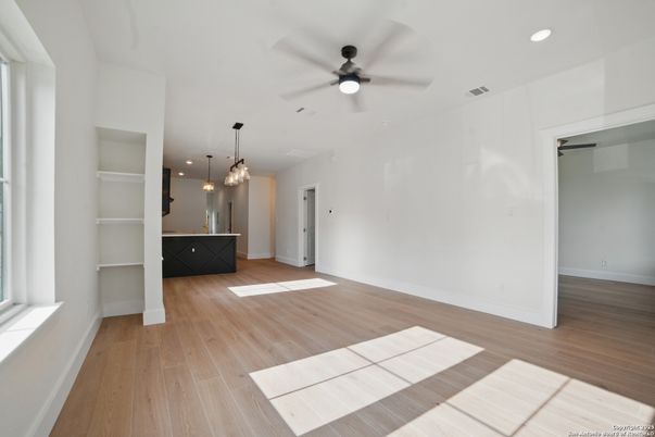 Empty room, Interior, Pendant Lights, Recessed Lighting, Wood Texture Flooring