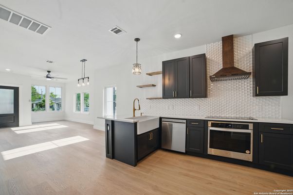Interior, Kitchen, Pendant Lights, Recessed Lighting, Stainless Steel Appliances, Wood Texture Flooring