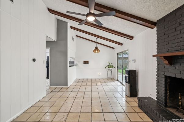 Fireplace, Interior, Pendant Lights, Wooden Beams