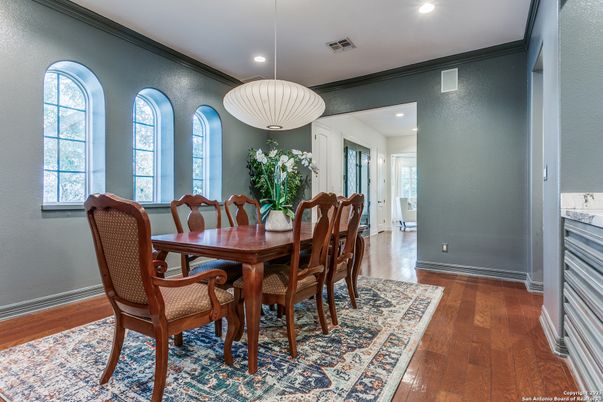 Dining room, Interior, Pendant Lights, Recessed Lighting, Wood Texture Flooring