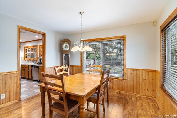 Dining room, Interior, Pendant Lights, Recessed Lighting, Wood Texture Flooring