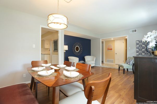 Dining room, Interior, Pendant Lights, Wood Texture Flooring