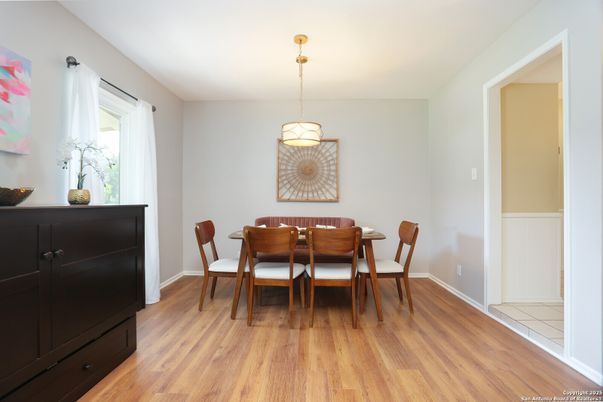 Dining room, Interior, Pendant Lights, Wood Texture Flooring
