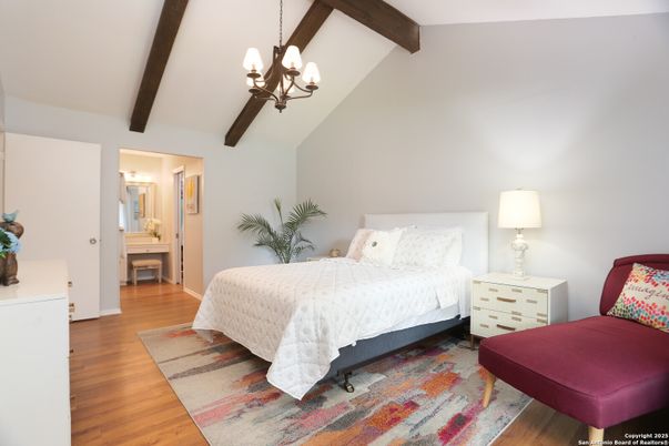 Bedroom, Interior, Pendant Lights, Wooden Beams, Wood Texture Flooring