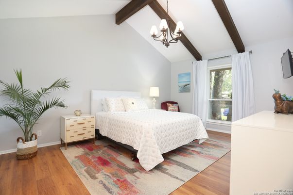 Bedroom, Chandelier, Interior, Wooden Beams, Wood Texture Flooring