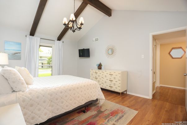 Bedroom, Chandelier, Interior, Wooden Beams, Wood Texture Flooring