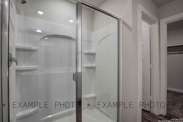 Bathroom, Glass Shower, Interior, Recessed Lighting, Wood Texture Flooring